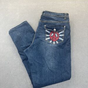 Moto Blues Painted Peace Sign Embellished Pocket Jeans Woman Plus Sz 20